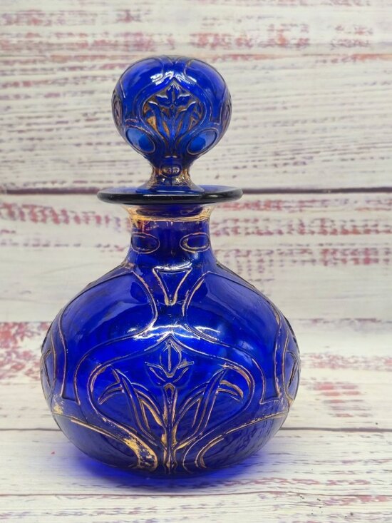 Source Unknown Other - Vintage Cobalt Blue bohemian glass perfume bottle Hand-Painted Gold Floral
